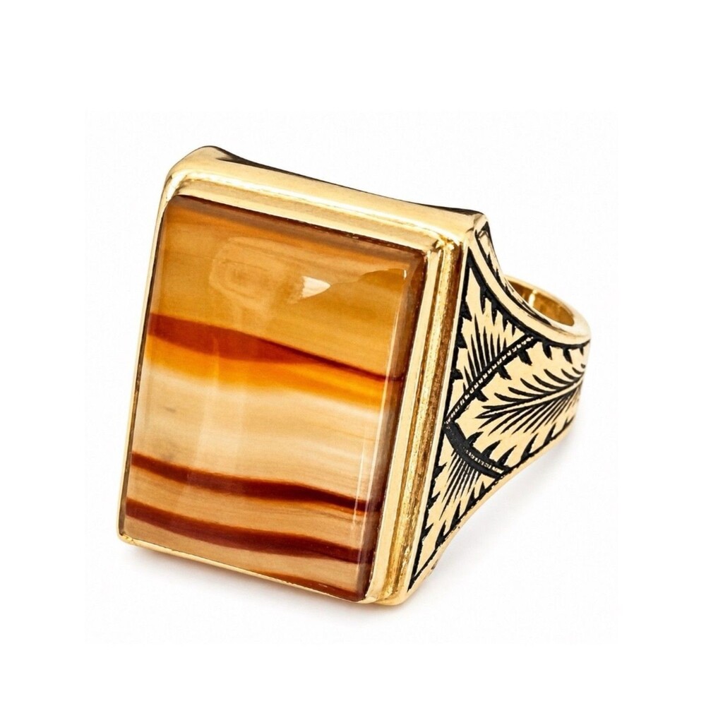 Vintage 1970s Ring Size 8 Clark Coombs Agate Rectangular Gold Plated - 14N